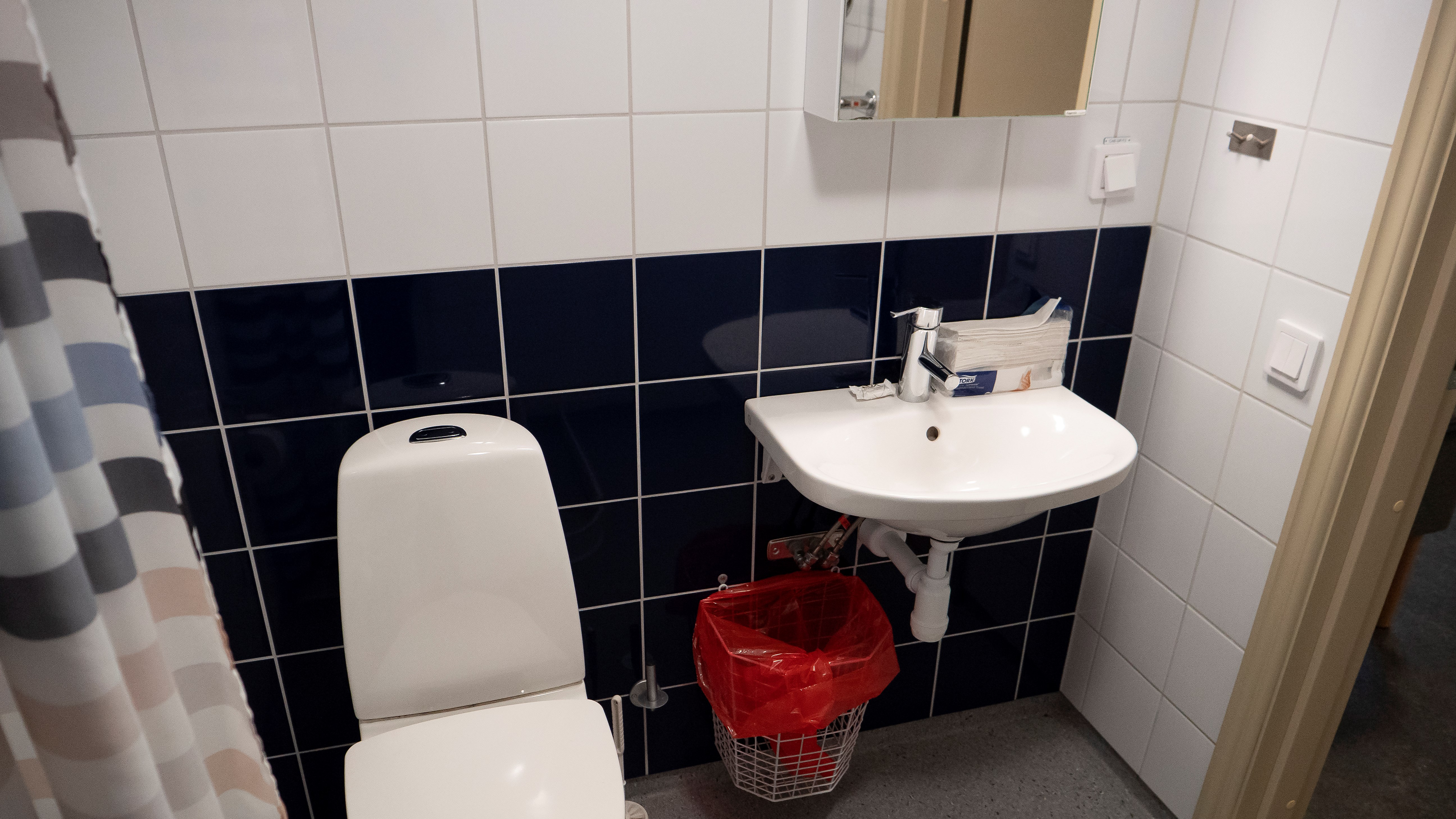 Badrum med randigt duschdraperi, totalstol och handfat med spegel.