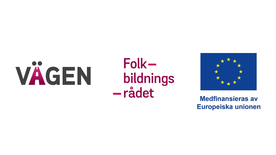 Logotyper för Vägen, Folkbildningsrådet samt EU-flaggan med texten "Medfinansieras av Europeiska unionen".