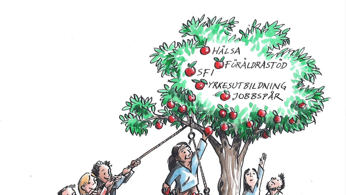 Tre personer drar upp en plattform med en fjärde person på i ett träd, så att den fjärde personen kan plocka äpplen från trädet. I trädet står texten hälsa, föräldrastöd, SFI, Yrkesutbildning och jobbspår.