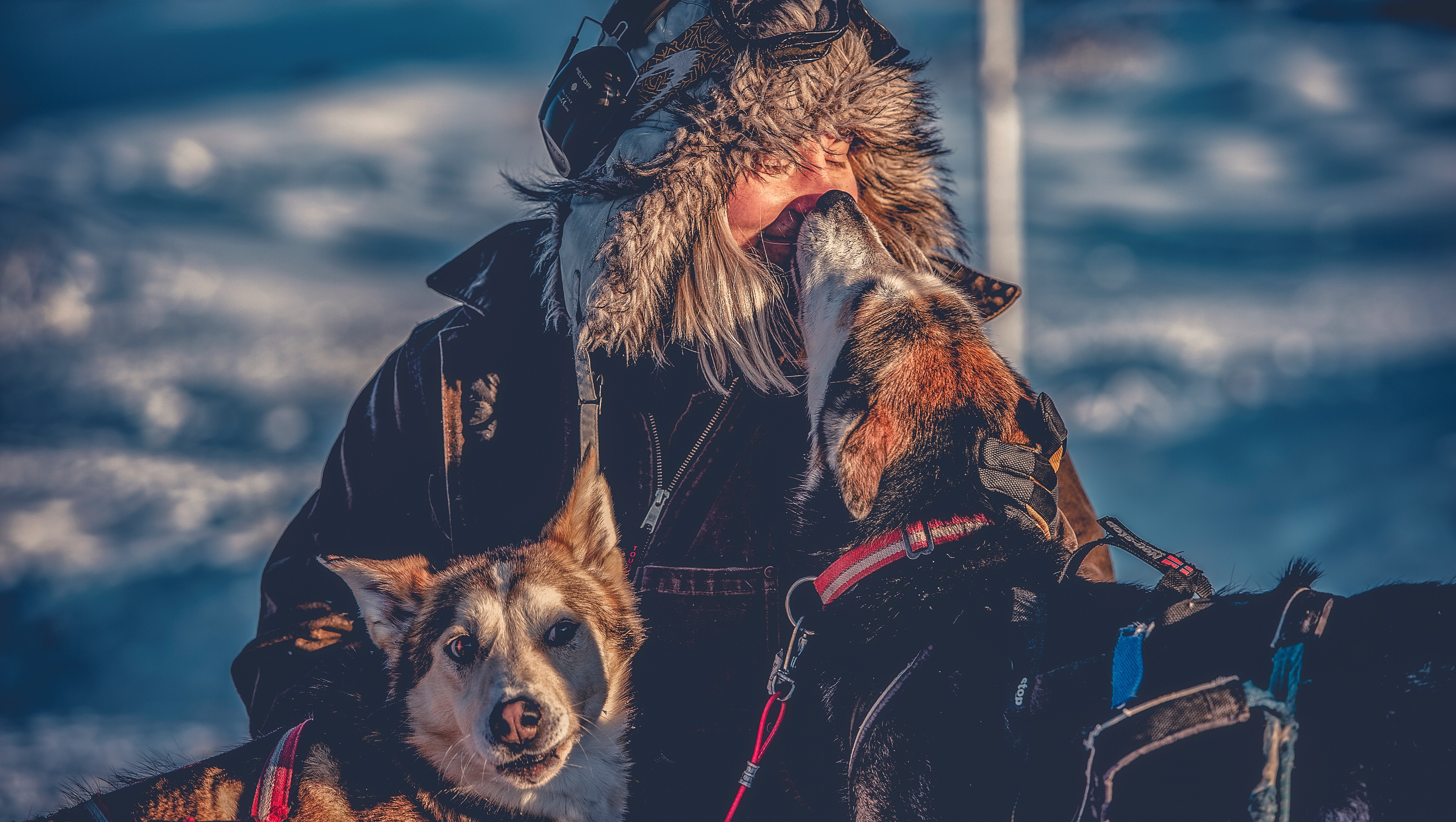 Lisa Carlson arbetar som hundspannsguide. Här pausar hon med två av slädhundarna.