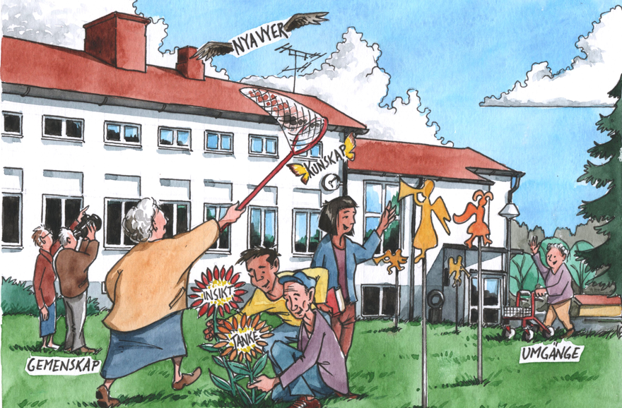 Illustration av pensionärer som sysslar med olika aktiviteter utanför Dalslands folkhögskola i Färgelanda.