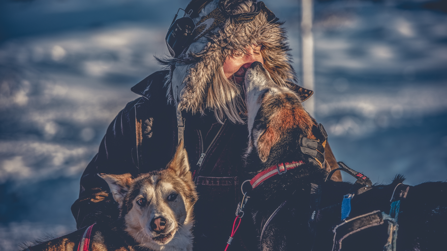 Lisa tar en paus med två av slädhundarna.