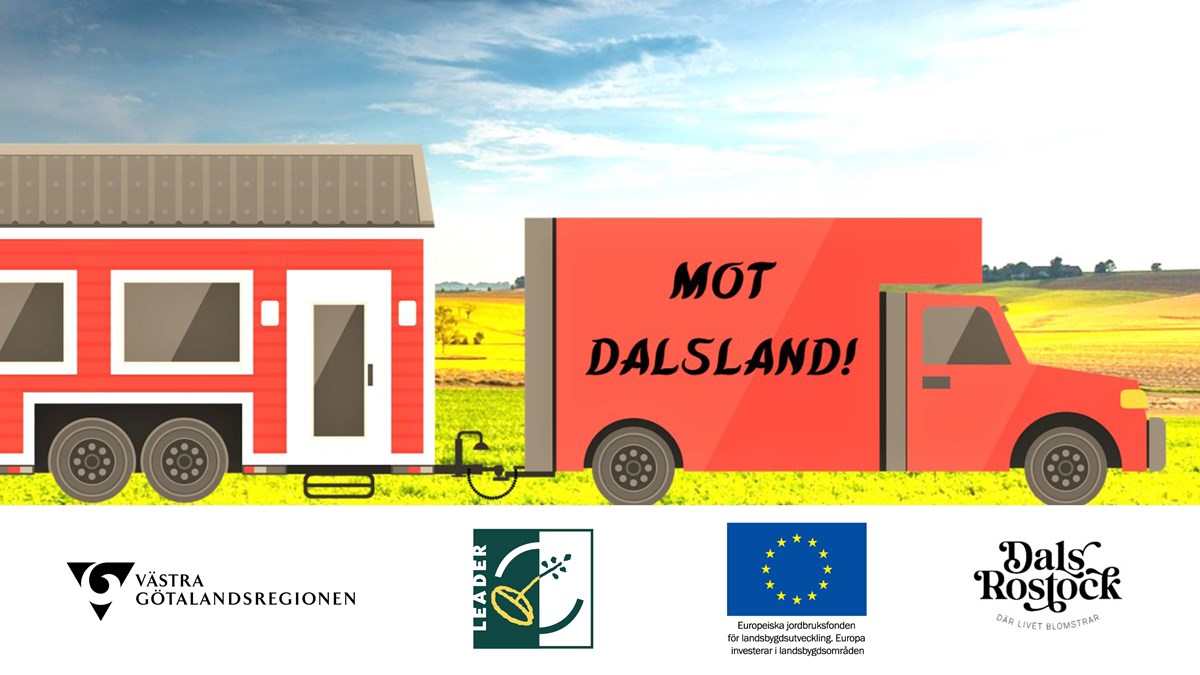 Illustration av en skåpbil som drar ett tiny house. I nederkanten av bilden syns logotyper för Västra Götalandsregionen, Leader, Europeiska fonden för landsbygdsutveckling och Dals Rostock.