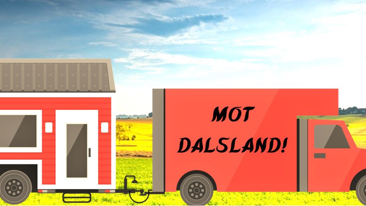 Bil med tiny house kör mot Dalsland.